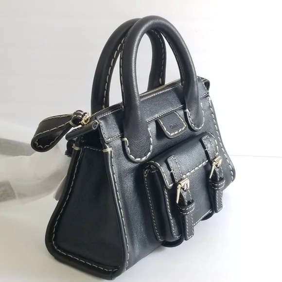 Chloe Edith Leather Crossbody Bag Black White Stitch - Picture 7 of 10